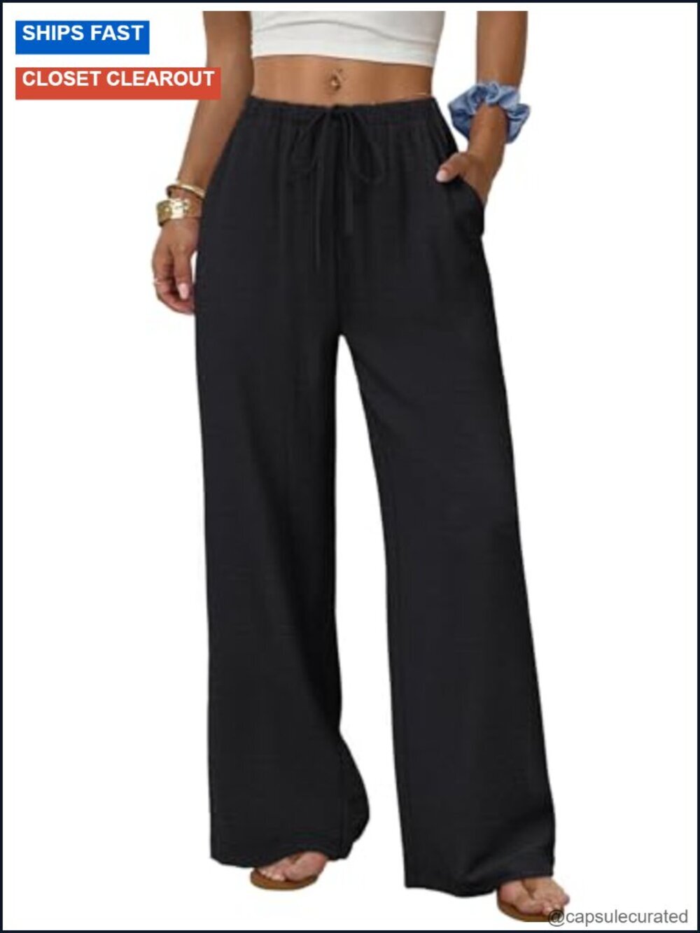 Wide Leg Pants with Pockets Elastic Drawstring Waist Palazzo Trousers Summer